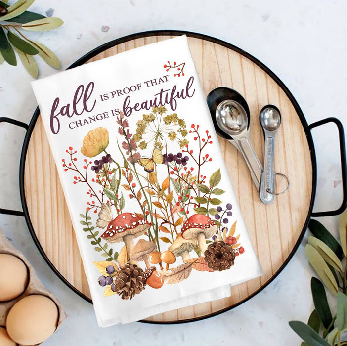 Fall is Beautiful Wildflower Mushroom  Tea Towel