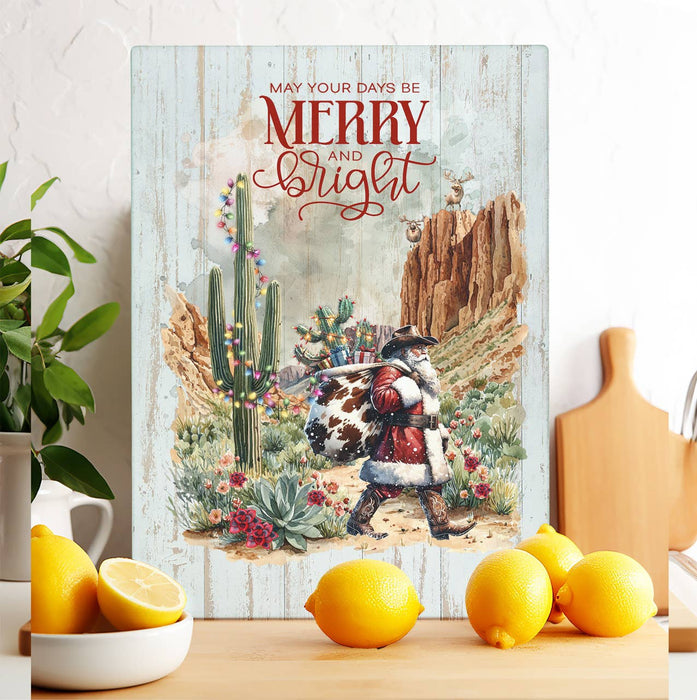 Christmas Cowboy Santa Cactus Desert Glass Cutting Board