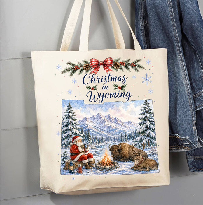Christmas in Wyoming State Map Canvas Tote Bag