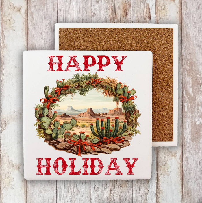Christmas Cactus Happy Holiday Stone Coaster