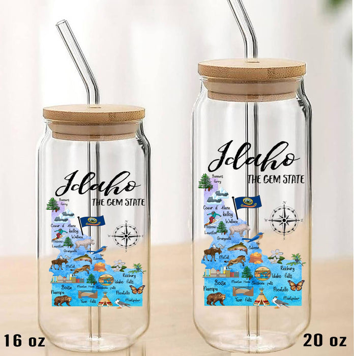 Idaho State Map Can Glass with Lid and Straw