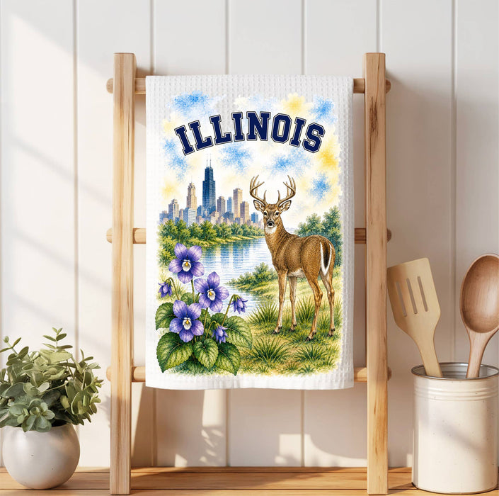 Illinois State Bird and Animal Waffle Weave Towel