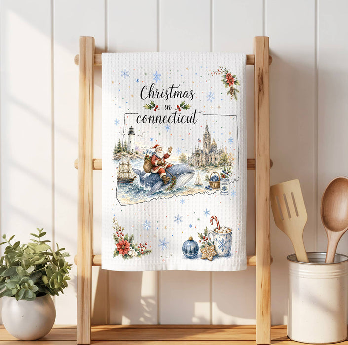 Christmas in Connecticut State Map Waffle Weave Towel
