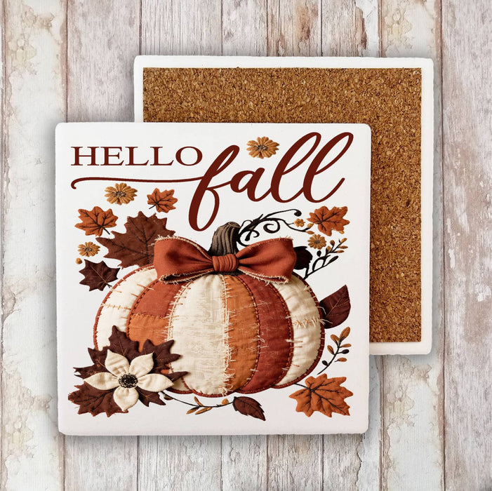Hello Fall Quilted Pumpkin  Stone Coaster