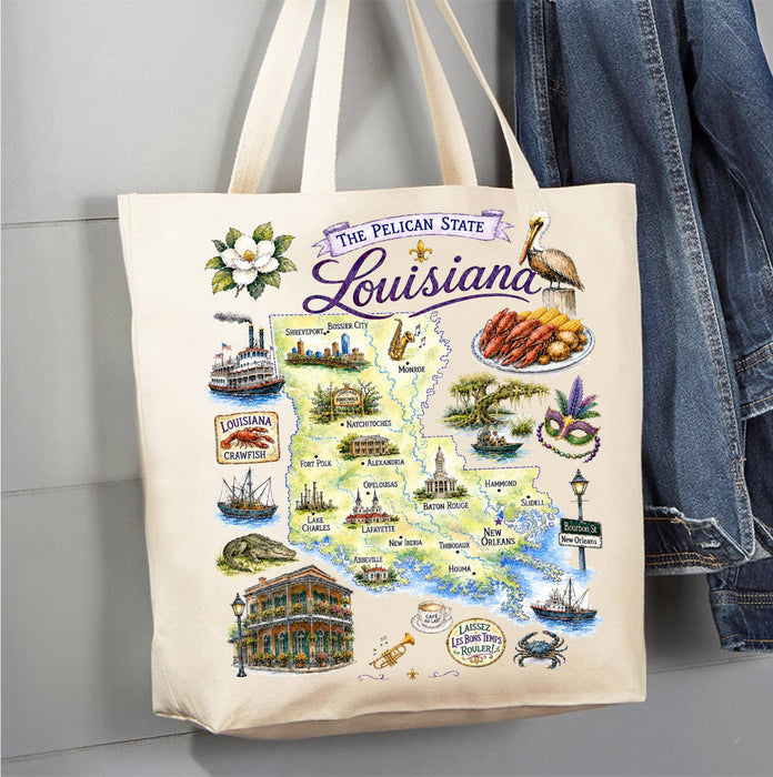 Louisiana State Map Landmark Canvas Tote Bag