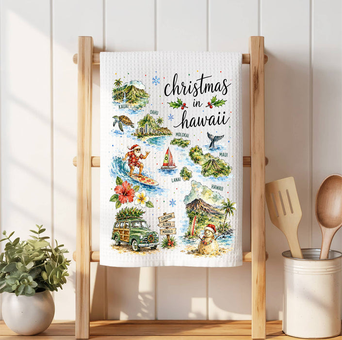 Christmas in Hawaii State Map Waffle Weave Towel