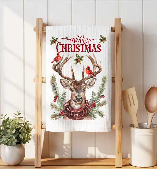 Christmas Reindeer Red Cardinals Waffle Weave Towel