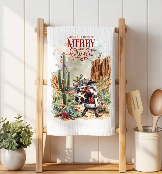 Christmas Cowboy Santa Cactus Desert Waffle Weave Towel
