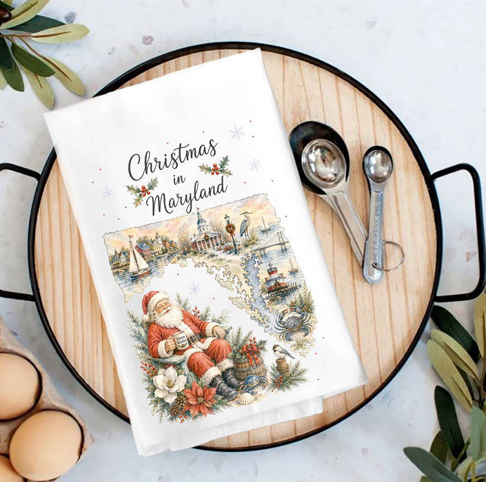 Christmas in Maryland State Map Tea Towel