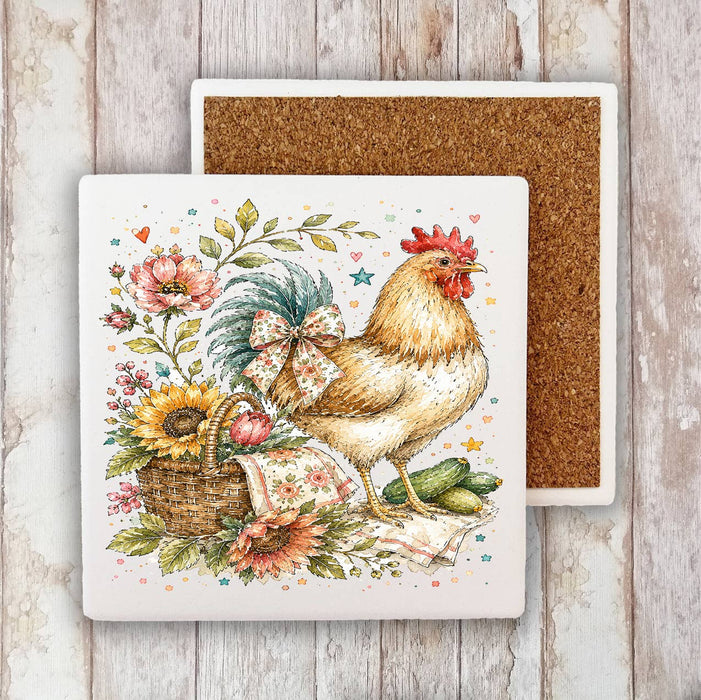 Whimsical Country Hen Flowers Stone Coaster