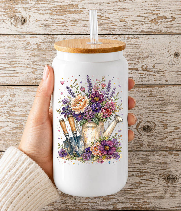 Watercolor Flower Watering Can Garden Glass Cup