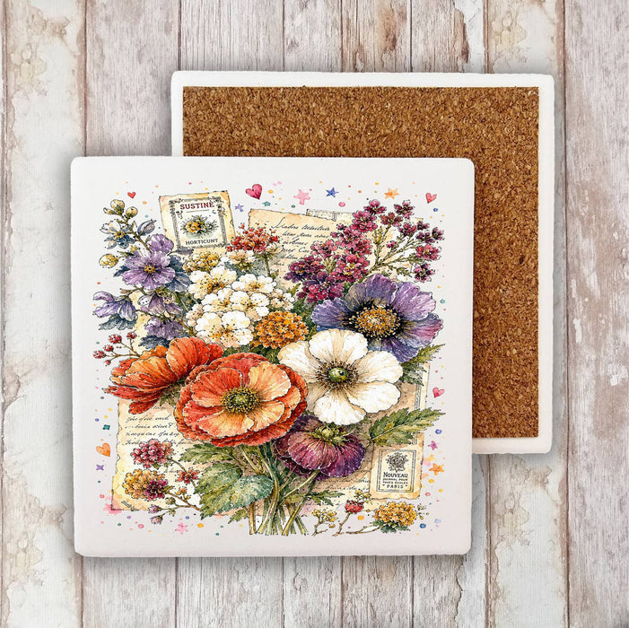 Vintage Watercolor Flowers Stone Coaster