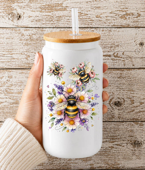 Whimsical Bees Flowers Glass Cup