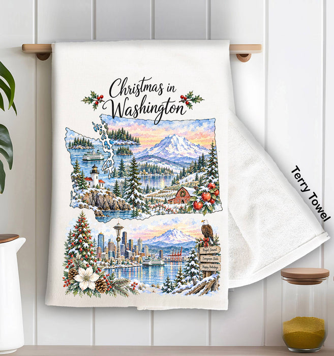 Christmas in Washington State Map Kitchen Terry Towel