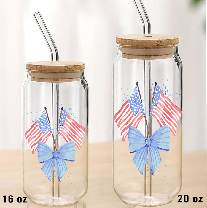 Patriotic Watercolor Flag Bow Can Glass with Lid Straw