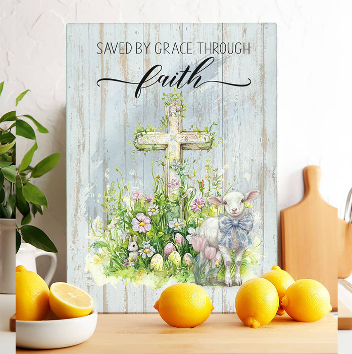 Saved by Grace Easter Lamb Cross Glass Cutting Board Trivet