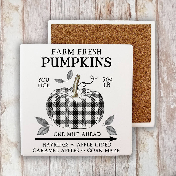 Fall Autumn Farm Plaid Pumpkin Stone Coaster
