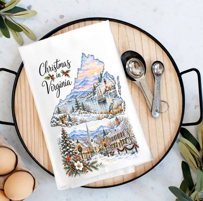 Christmas in Virginia State Map Tea Towel