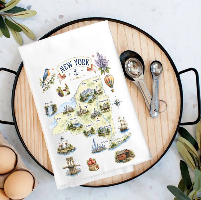 New York State Map Landmark Tea Towel