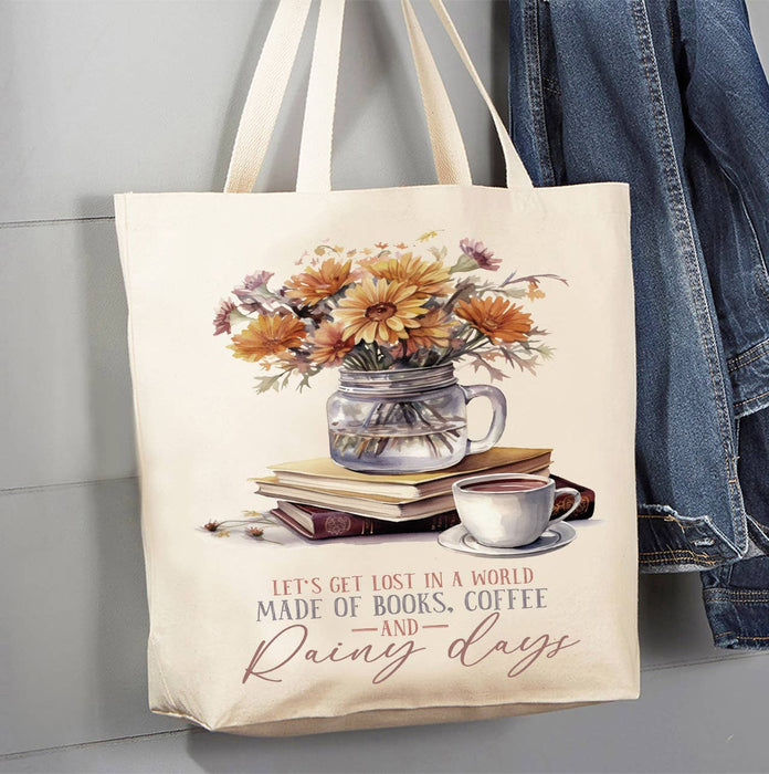 Autumn Fall Books & Coffee Rainy Day Canvas Tote Bag