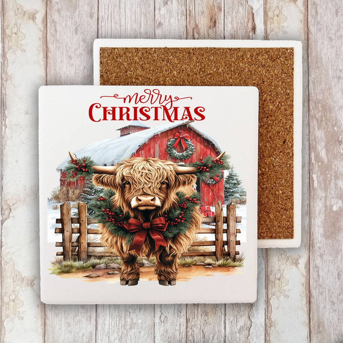 Christmas Highland Cow Barn Western Stone Coaster
