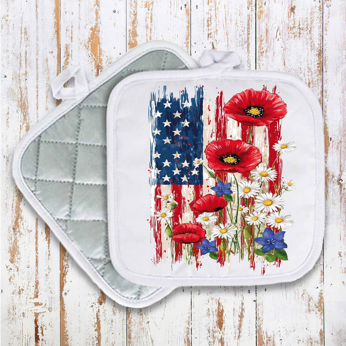 Patriotic American Flag Flowers Pot Holder Oven Mitt