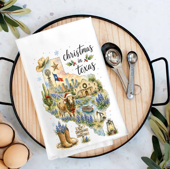Christmas in Texas State Map Tea Towel