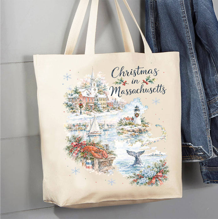 Christmas in Massachusetts State Map Canvas Tote Bag