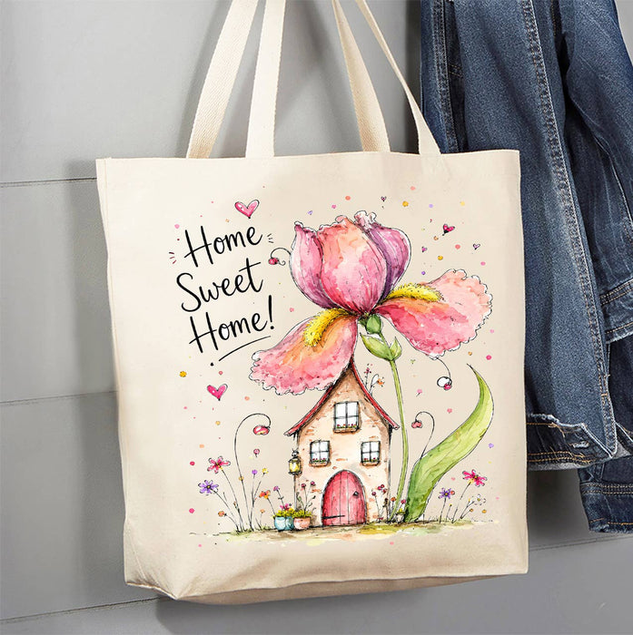 Home Sweet Home Spring Flowers Canvas Tote Bag