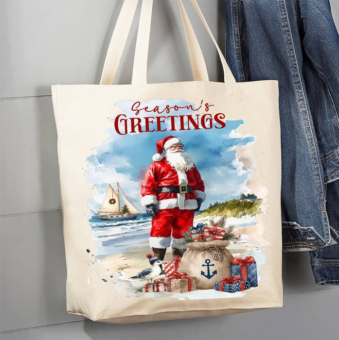 Coastal Christmas Santa on beach Canvas Tote Bag