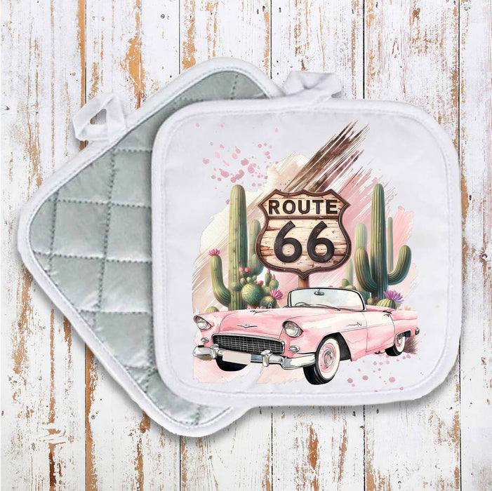 Route 66 Pink Vintage Car Pot Holder Oven Mitt