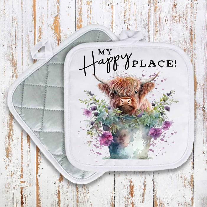 Highland Cow My Happy Place Pot Holder Oven Mitt