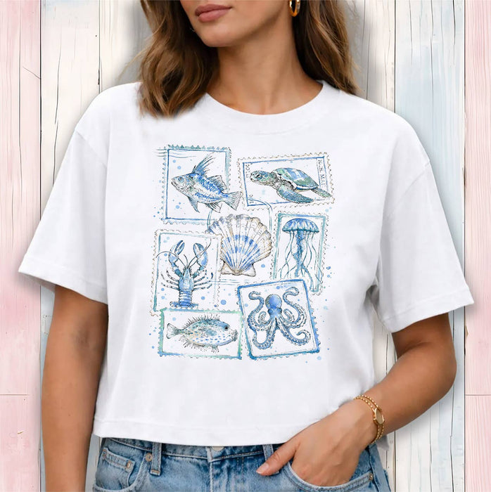 Coastal Blue Ocean Vintage Stamps Cropped T-Shirt