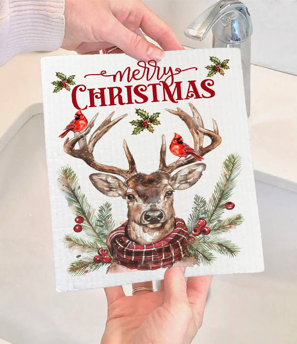Christmas Reindeer Red Cardinals Swedish Dishcloth