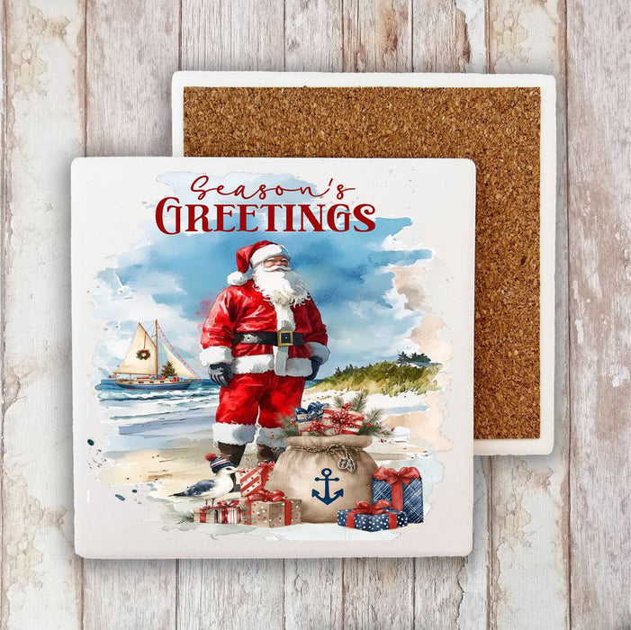 Coastal Christmas Santa on beach Stone Coaster