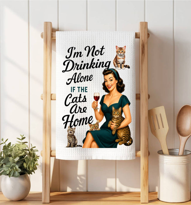 Retro Funny Drinking with Cats Waffle Weave Towel