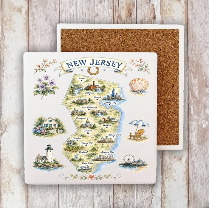 New Jersey State Map Landmark Stone Coaster