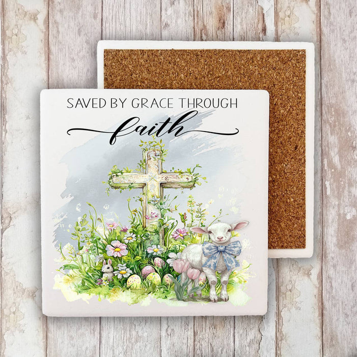 Saved by Grace Easter Lamb Cross Stone Coaster