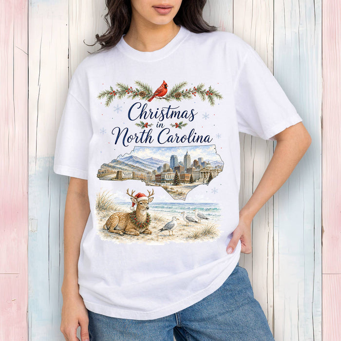 Christmas in North Carolina State Map T-Shirt