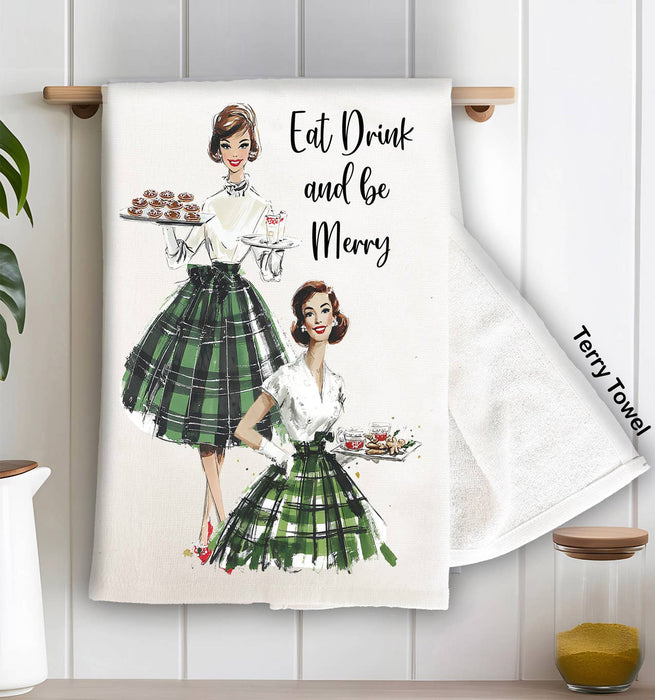 Retro Christmas Ladies Eat and be Merry Kitchen Terry Towel