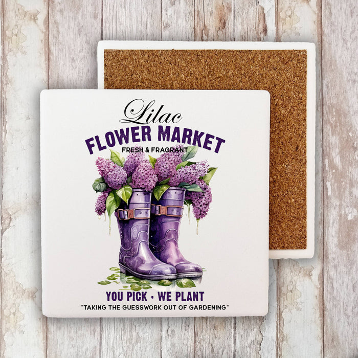 Lilac Flower Market Garden Boots Stone Coaster
