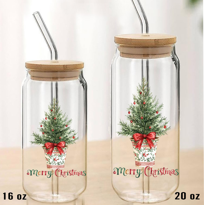 Christmas Watercolor Toile Tree Can Glass with Lid Straw