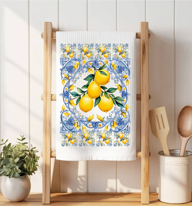 Mediterranean Blue Tiles Lemons Waffle Weave Towel