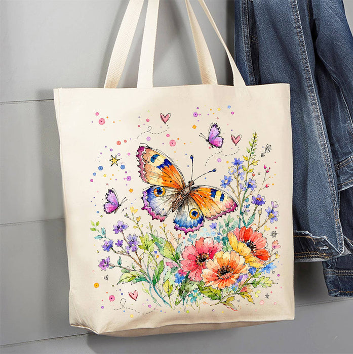 Whimsical Butterflies Flowers Canvas Tote Bag