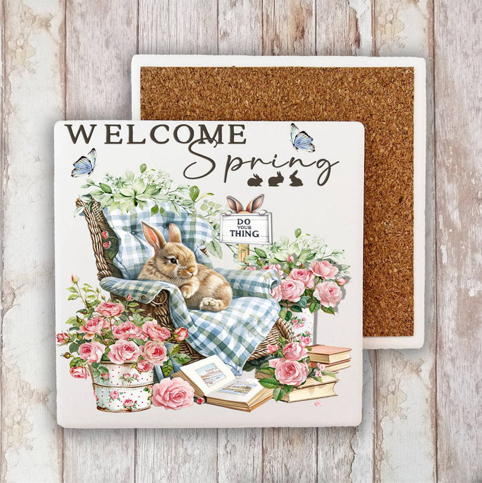 Welcome Spring Bunny Flowers Stone Coaster