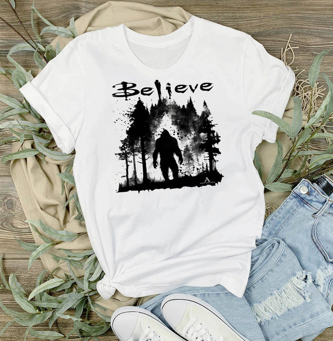 Believe Sasquatch Big Foot Black White T-Shirt