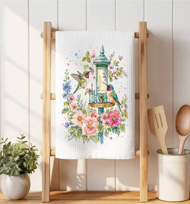 Spring Flowers Hummingbirds Waffle Weave Towel