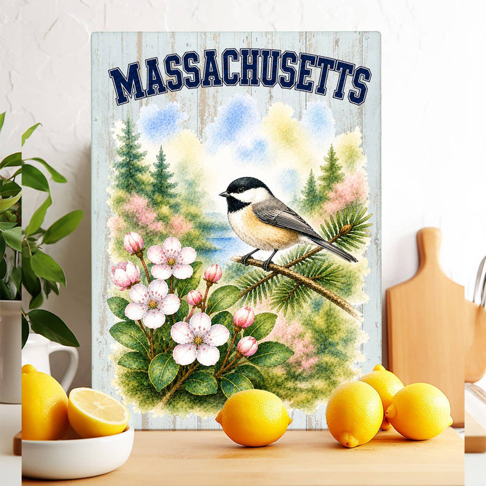 Massachusetts State Bird and Animal Glass Cutting Board