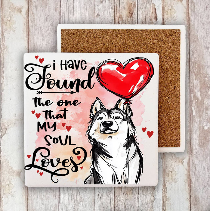 Dog Husky Found My Love Valentine Stone Coaster