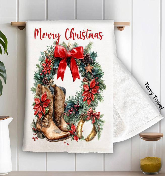 Country Christmas Poinsetta Western Kitchen Terry Towel